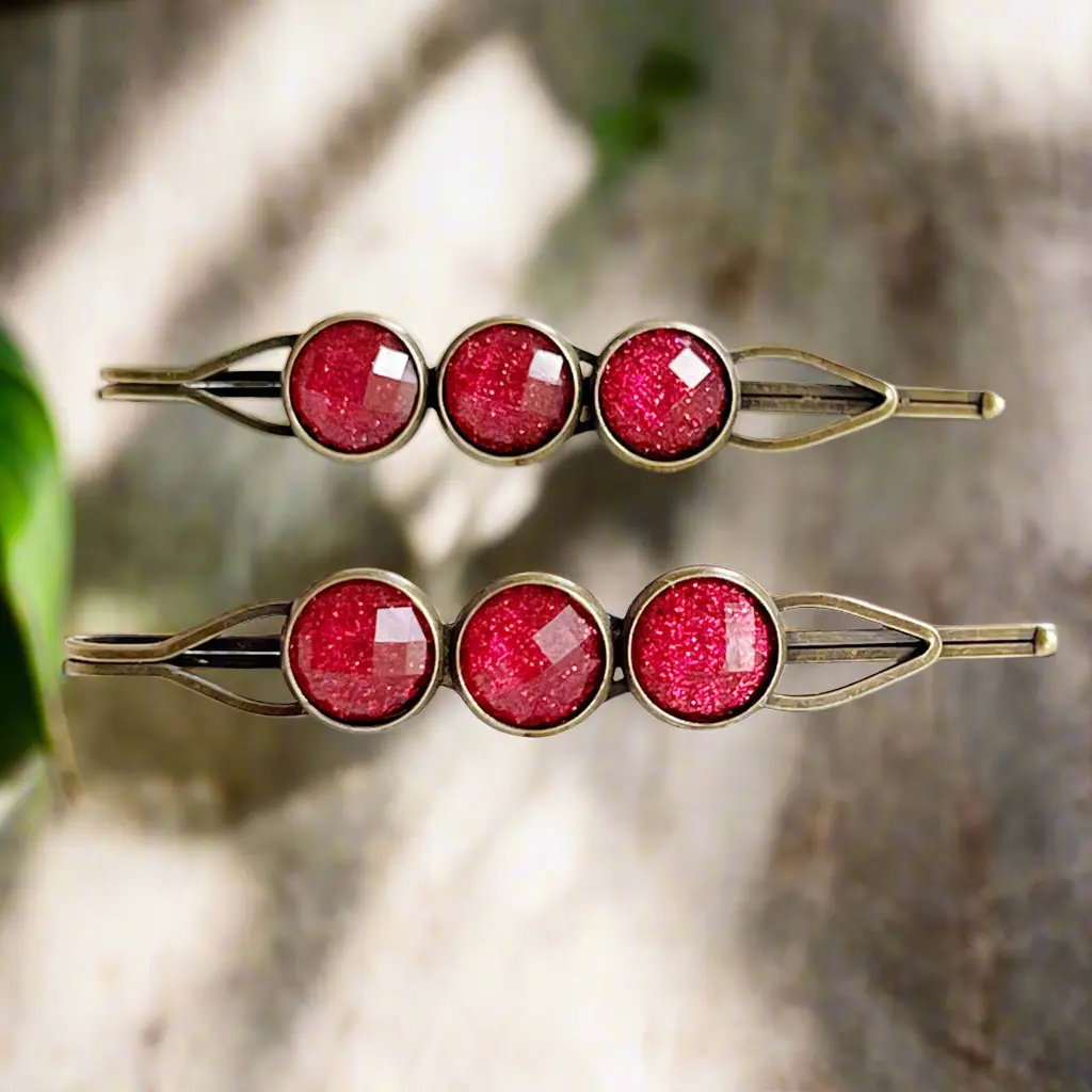 Hot Pink Rhinestone Hair Pins - Set of 2 Glitter Hair Clips
