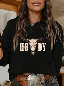 Women's Casual Half-Zip Sweatshirt, Cow Head Graphic Print, Western Cowboy Style, High Neck, Lightweight Comfort, Perfect for Leisure Wear