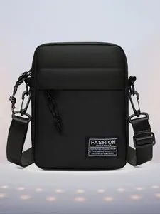 Men's Fashion Solid Color Letter Patched Design Zipper Crossbody Bag, Zippered Sling Bag, Trendy Shoulder Bag, Versatile Shoulder Bag, Casual Lightweight Crossbody Bag for Working, Dating, Party, Shopping