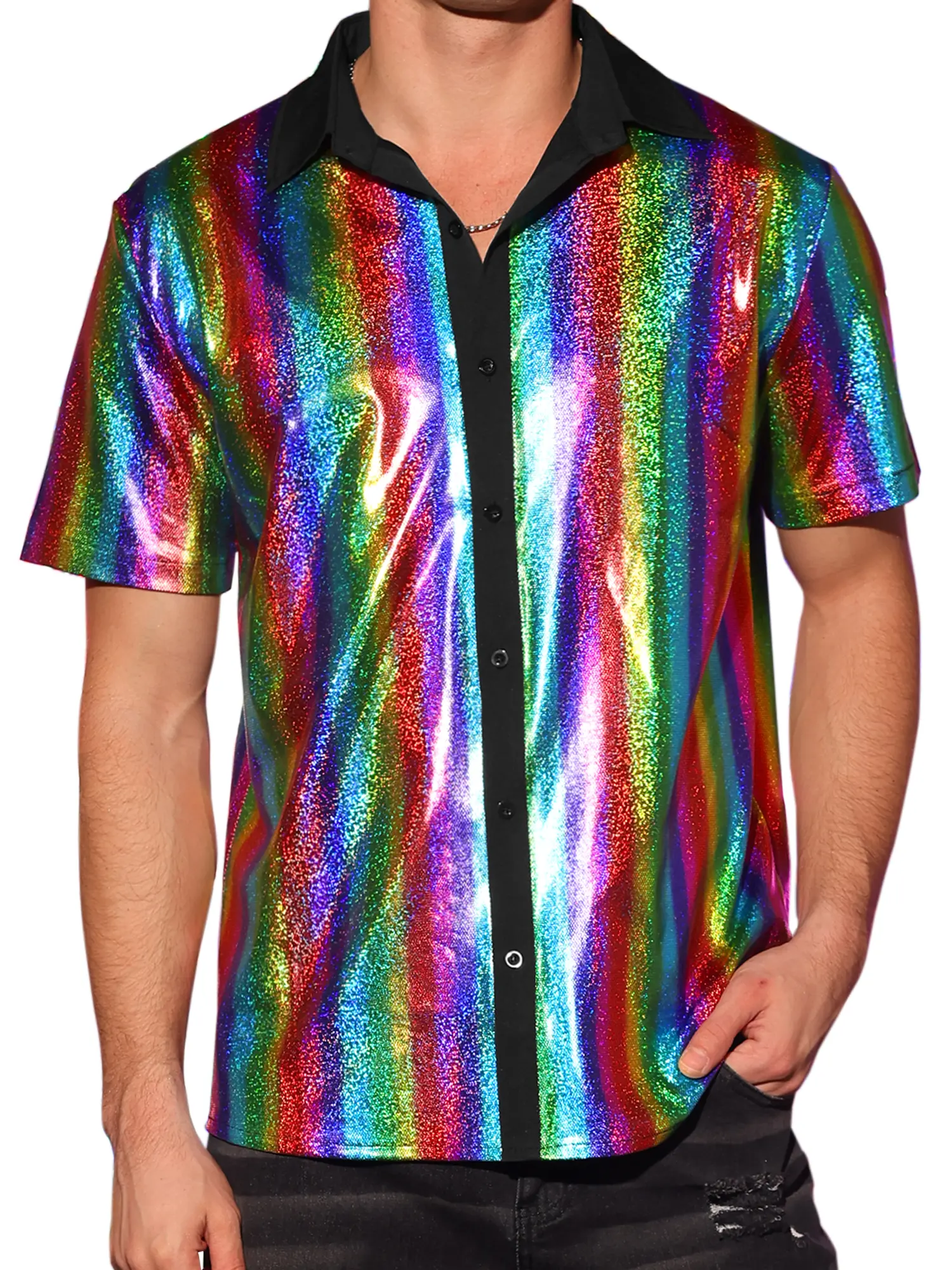 INSPIRE CHIC Metallic Shirts for Men's Short Sleeves Button Sequin Disco Glitter Shirts