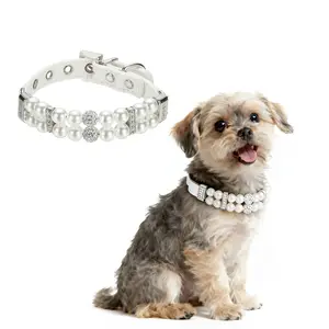 PETAXCELL Pearl Dog Collar, Bling Pearl Cat Collar Fancy Crystal Rhinestone Luxury Beaded Pet Cute Wedding Necklace Gift Diamond, (White, S), Intended for Teacup /Puppies/Kitten/Small Pet