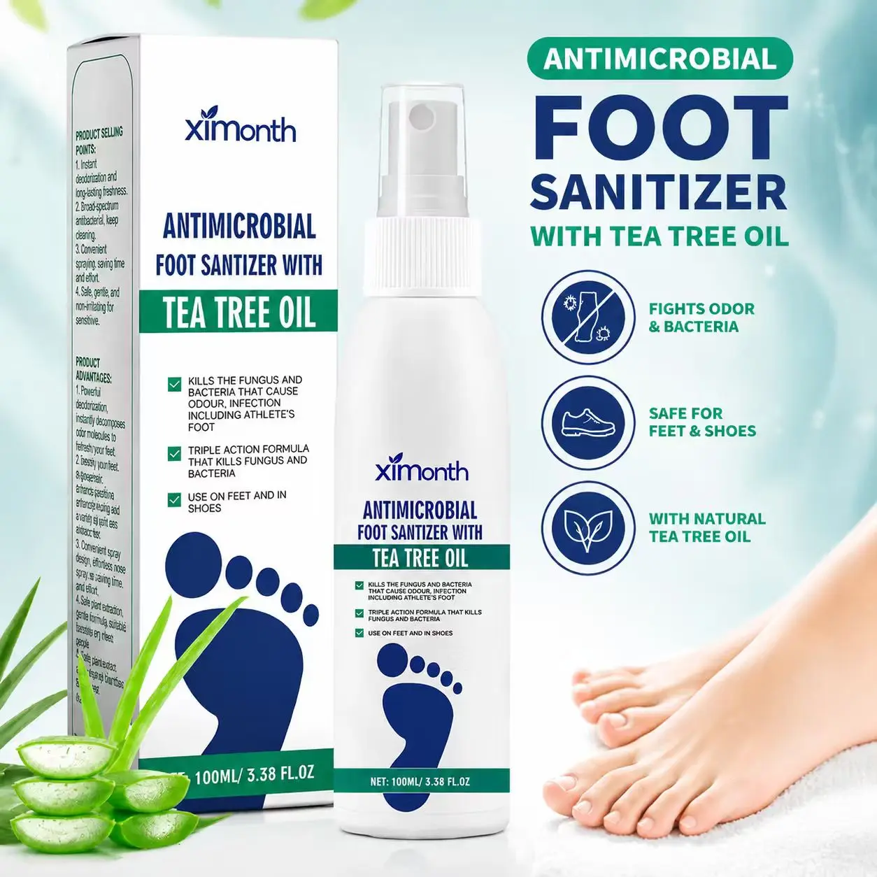 Foot Spray for Odor Control, Tea Tree Oil Foot Spray, Natural Antifungal Sanitizer, Deodorizing & Moisturizing for Dry Skin, Foot Hydration & Shoe Freshness