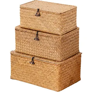 Handwoven Natural Seagrass Bin with Lid, Set of 3, Shelf Baskets jewelry organizer makeup organizer jewelry box