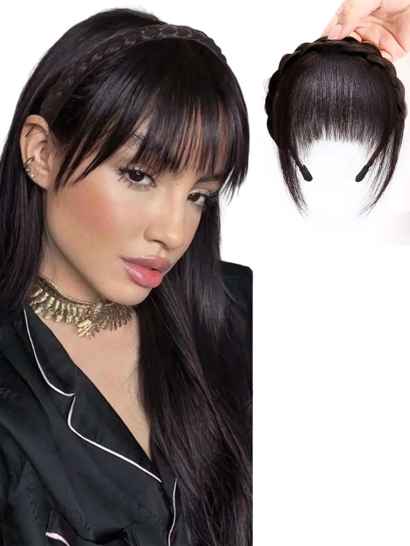 Women's Synthetic Hair Headband Frontal Wig, Straight Bangs Clip-In Piece, Elegant Design, Suitable for All Seasons, Daily Wear & Fashion, Hair Clip Extensions, Synthetic Hair Wigs, Headband Style Wig, Synthetic Material Wigs