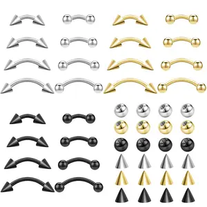 40-Piece Curved Barbell Piercing Set, Replaceable Tops with Ball & Spike Styles, Silver, Gold & Black Finishes, Durable Jewelry for Eyebrow, Lip & Tragus Piercings