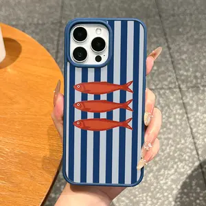 Premium Magnetic Case for iPhone11/12/13/14/15/16/17/promax Red Fish on Striped Background MagSafe Ready,Anti-Fall,Ultra-Thin Design|Perfect for Everyday Use