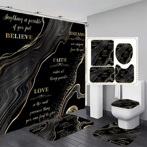 Letter & Black Marble Pattern Summer Bathroom Set, 4 Counts/set Including Non-slip Bath Mat, Toilet Lid Mat, U-shaped Commode Contour Rug & Waterproof Shower Curtain with Hook, Home Goods
