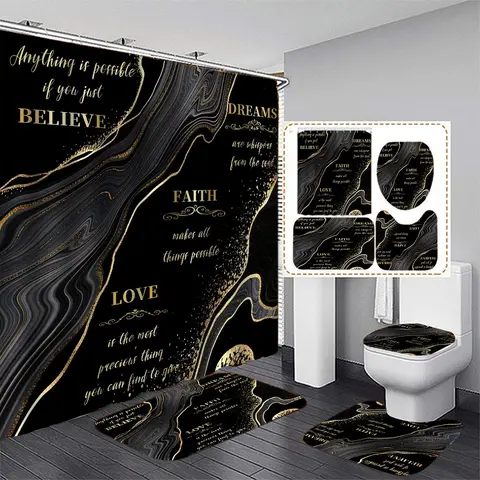 Letter and Black Marble Pattern Bathroom Set, 4 Counts/set Non-Slip Bath Mat, Toilet Lid Mat, U-Shaped Contour Rug and Waterproof Shower Curtain with Hooks, Home Bathroom Decor and Accessories