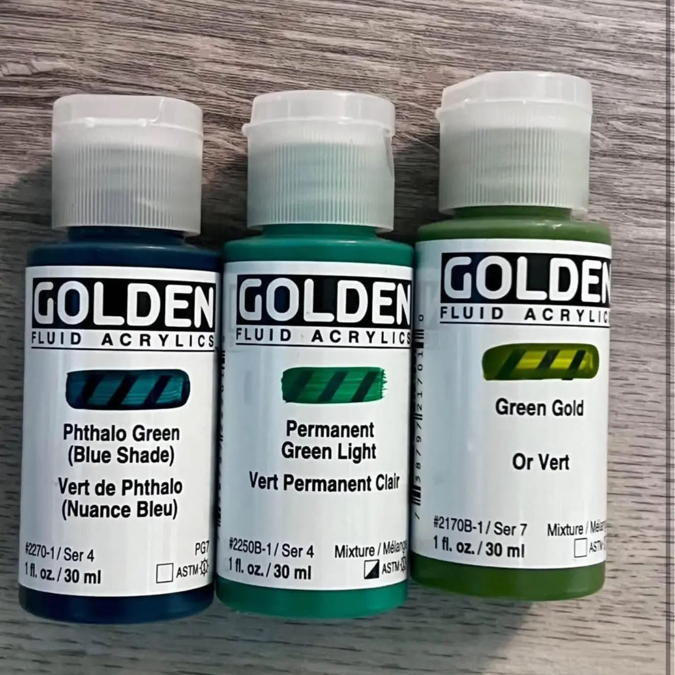 Golden Brand Lot of 10 Golden Fluid Acrylic Paints 1 oz Each Titanium White Pyrrole Orange Red Quinacridone Magenta Primary Cyan Turquoise Anthraquinone Blue Phthalo Green Permanent Green Light Green Gold