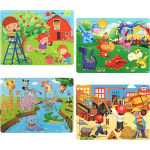 SYNARRY Puzzles for Kids Ages 4-8, 4 Pack Wooden Jigsaw Puzzles for Kids 40 Pieces, Preschool Puzzle Toy Gift for Children Boys and Girls, Farm Dinosaur Animal Construction Theme