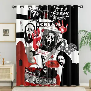 Scream Movie Ghostface Drip Decorative Window Curtains 2 Panels, Black White Blood Print Light Curtains for All Seasons, Bedroom & Living Room for Horror Fans