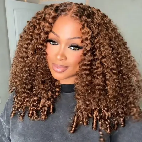 Women's Durable 13x6 Burmese Curly Wigs Human Hair, 13x4 HD Transparent Lace Front Wig, Soft Breathable Pre-Plucked Cap, 180 Density Brown Brazilian Spring Curly