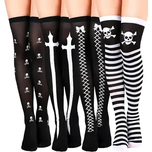 4 Pairs Halloween Thigh High Long Stockings, over Knee Skull Socks for Cosplay, Perfect for Halloween Costume Accessories