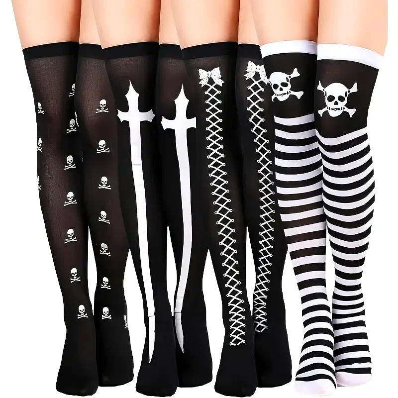 4 Pairs Halloween Thigh High Long Striped Stockings, over Knee Skull Socks for Cosplay, Perfect for Halloween Party Costume Accessories