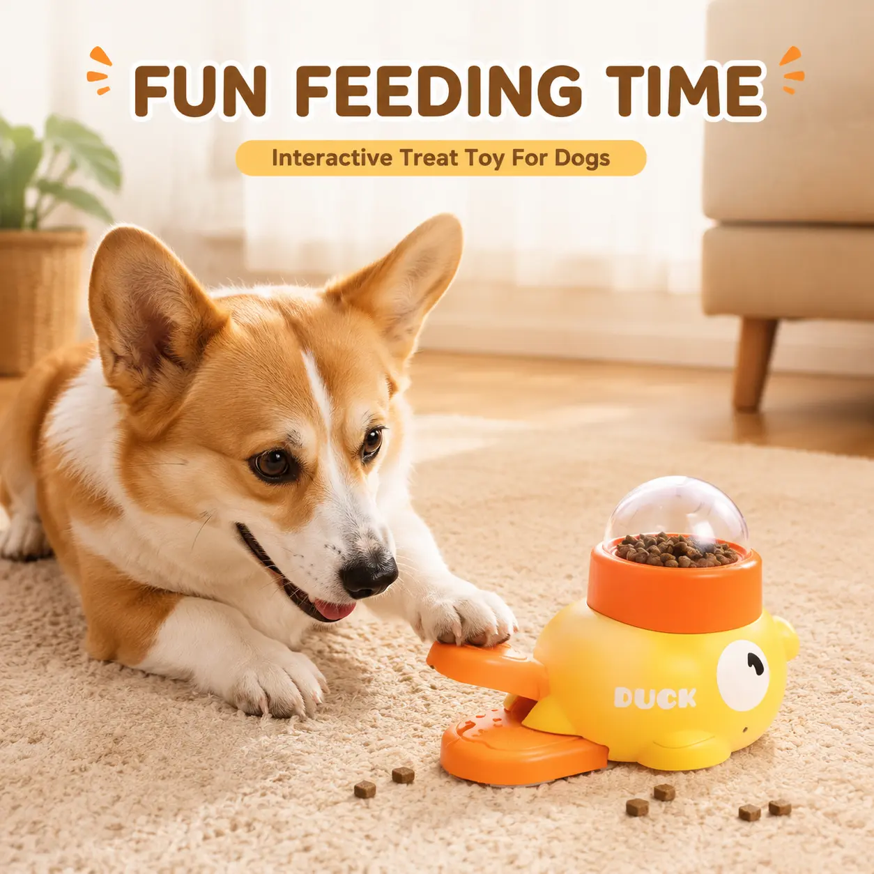 Interactive Duck Treat Dispenser Toy for Dogs and Cats, Cute Yellow Duck Puzzle Toy with Adjustable Food Dispensing Holes, Rotating Snack Feeder, Non Electric Washable Pet Training Toy for Small Medium Large Pets
