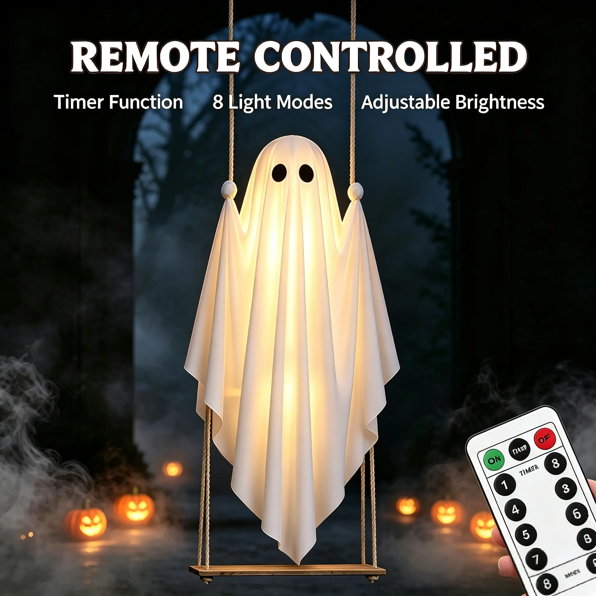 Halloween Decorations Outdoor 3.7FT Pre-Assembled Hanging Swing Ghost with Remote Lights Spooky Hanging Ghosts for Porch Yard Tree Party