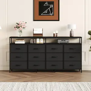 YJ-Garvee 63-Inch Black Fabric Dresser TV Stand with 12 Drawers and Open Shelves - Long Chest of Drawers Ideal for Bedroom and Living Room Storage,Black