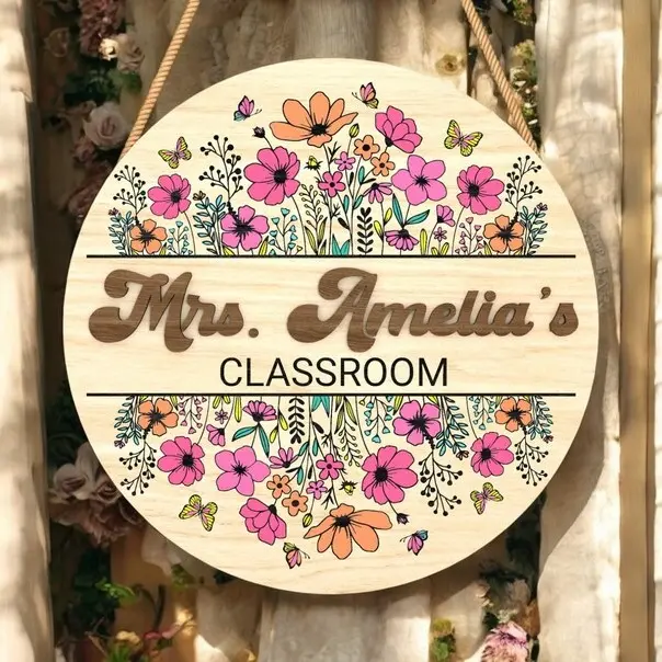 Name Teacher Sign, Bright Floral Classroom Decor Door Sign Door Hanger Family Name Sign Front Door Sign, Gift Hanger For Wall Indoor Home Decor