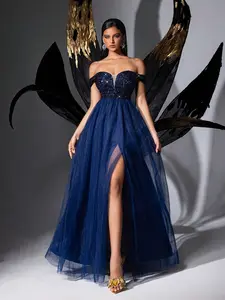 Navy Blue Off Shoulder Sequin Prom Dress | Sparkly Tulle A Line Evening Gown with High Slit | Elegant Formal Wedding Guest Dress for Party