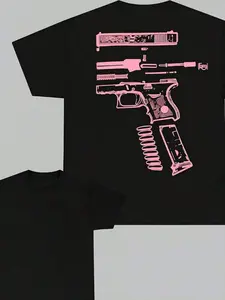 A-Heavyweight 100% Cotton Graphic Tee | Pink Pistol Exploded View Streetwear T-Shirt | Y2K Aesthetic Oversized Summer Top | 180G Breathable Premium Cotton Black Shirt for Men & Women