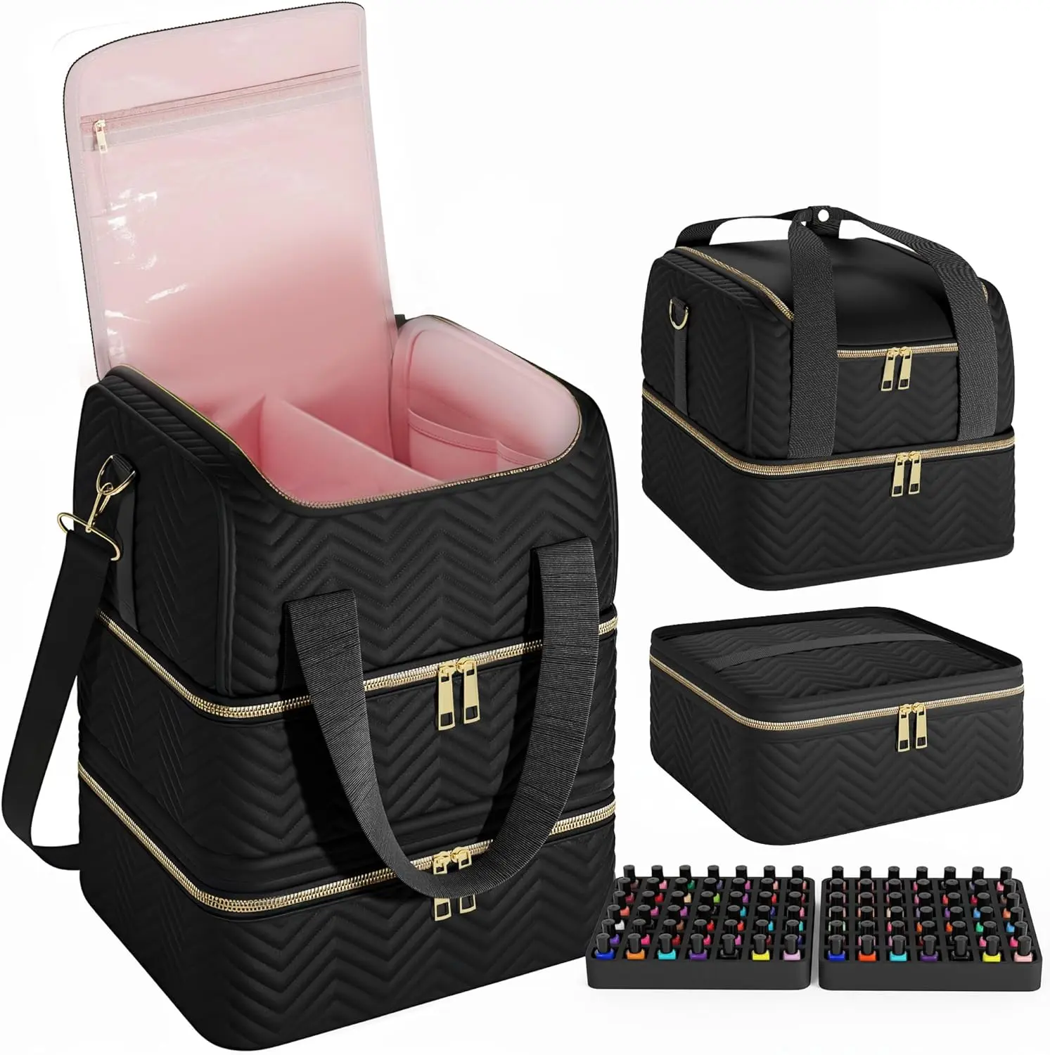 Castal Nail Polish Organizer Bag–3-Layer–Holds 84 Bottles–Nail Organizers and Storage Bag with Detachable Bottom Section–Embroidered Nail Polish Case Organizer with Luggage Strap & Card Slot–Black