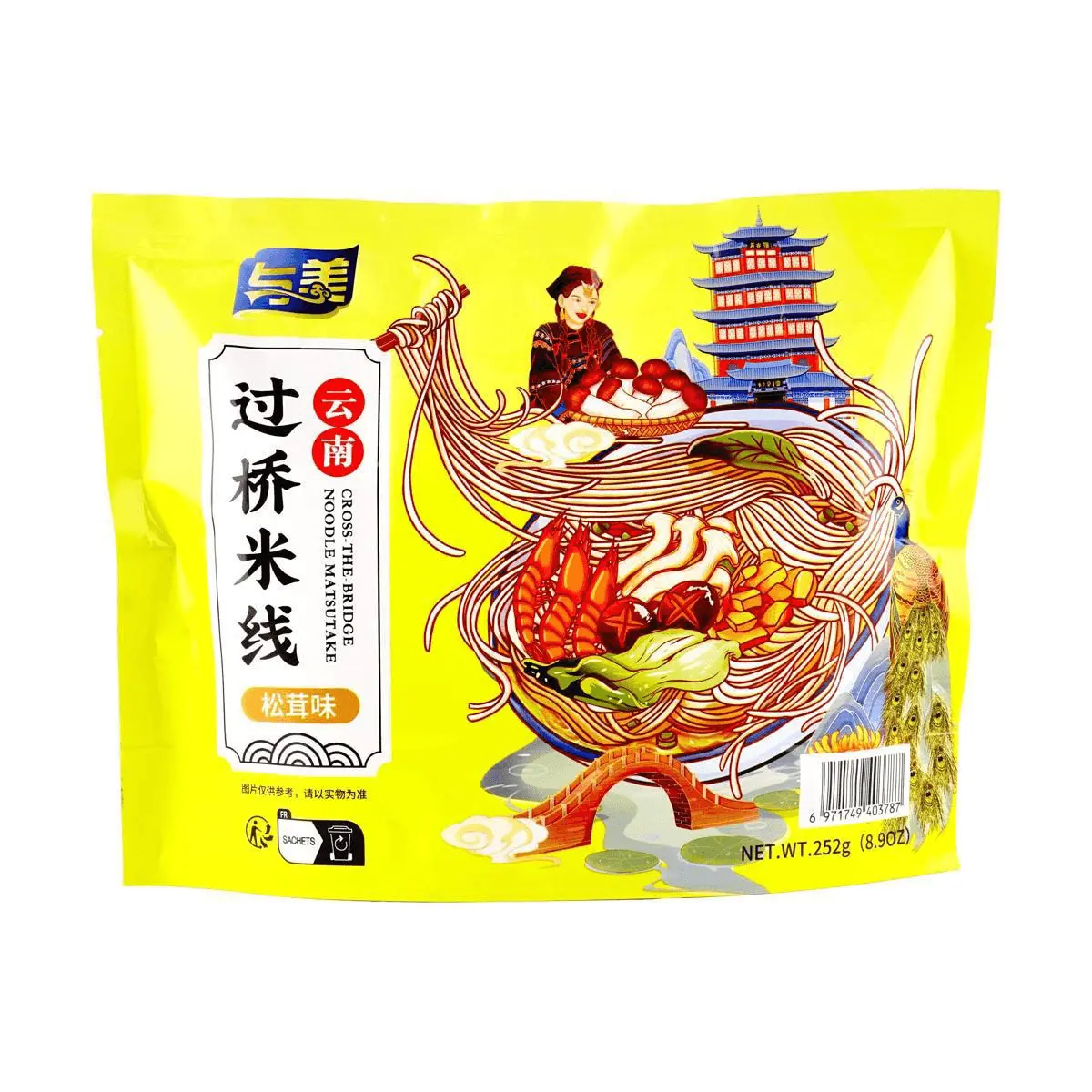 YUMEI Yunnan Crossing Noodles - Instant Rice Noodles, Matsutake Mushroom Flavor, 252g - Authentic Chinese Sichuan Cuisine, Quick & Easy Meal