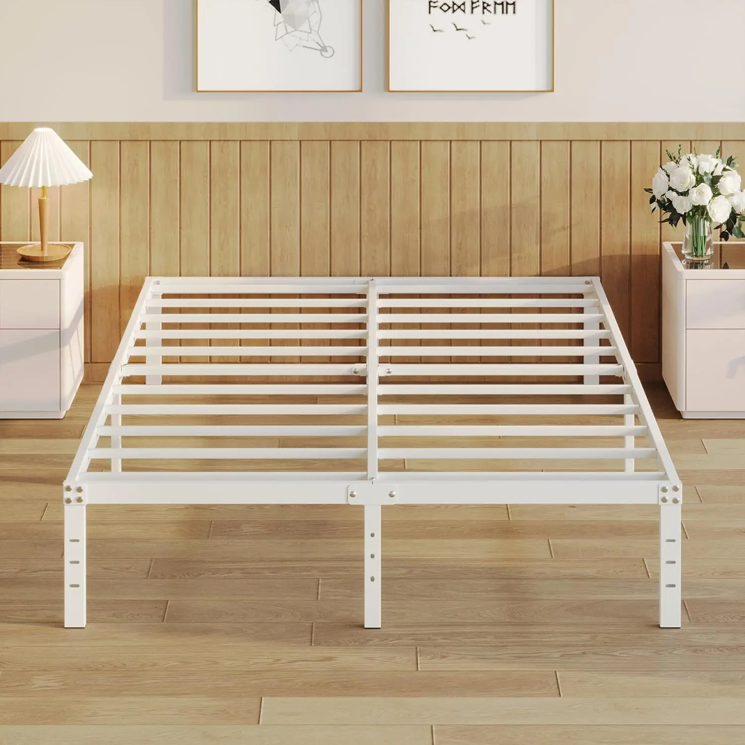 14 in Modern Queen Steel Platform Storage Bed Frame - No Box Spring Needed, Heavy Duty Synthetic Metal, Large Underbed Storage, Noise-Free, Easy Setup, Sturdy Slat Structure, Scratch Resistant, White, 3000lb Weight Capacity, 14 Inch, Assembly Required