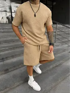 Men’s solid shirt and drawstring waist shorts set—cozy, breathable two-piece outfit for everyday outdoor wear; men’s summer clothing., Menswear, Casual