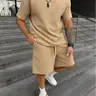 Men’s solid shirt and drawstring waist shorts set—cozy, breathable two piece outfit for everyday outdoor wear; men’s summer clothing., Menswear, Casual