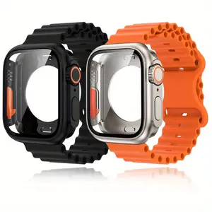 2pcs Breathable Silicone Sport Strap & Case Set for Apple Watch - Includes Screen Protector, Ultra Bumper, and Wristband Bracelet in Black & Orange - for iWatch Series 9, 8, 7, 6, 5, SE (45mm, 41mm, 40mm, 44mm) - Ideal for Men & Women, for Wearable