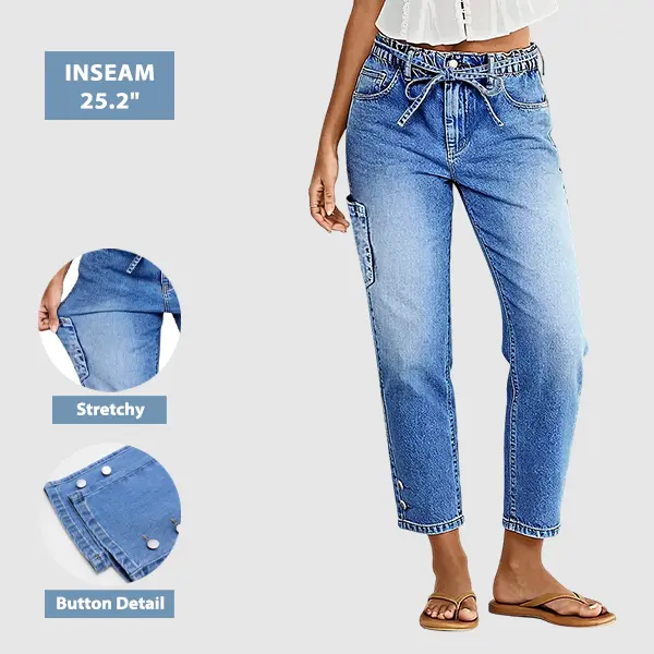 Flamingals Patch Pocket Button Hem Belted Mid Rise Straight Leg Crop Jeans Stretchy 25.2 Inseam