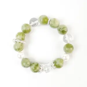 Natural Qingti Milk Cap Jade Bracelet with White Crystal & Pearl Accents