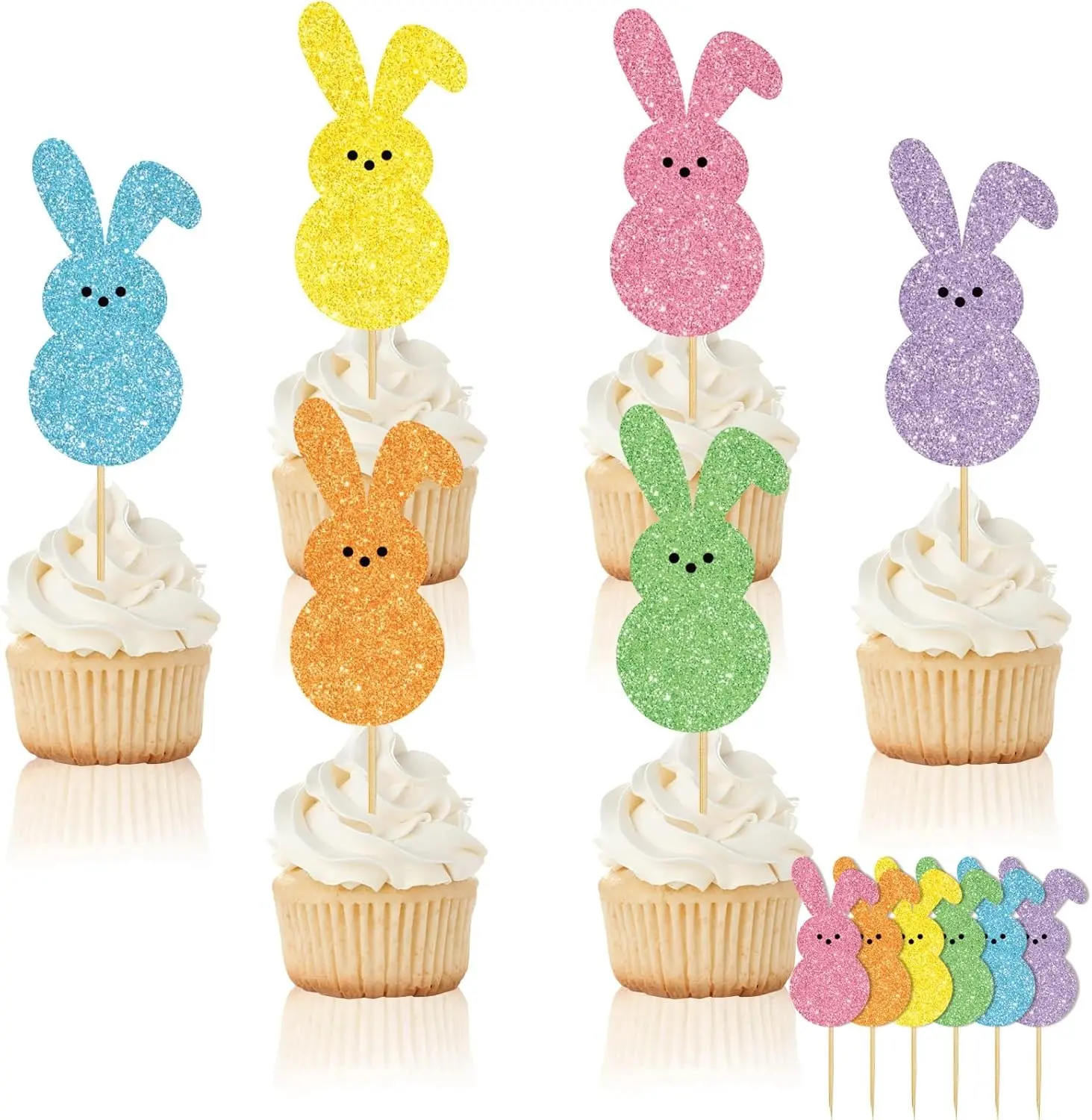 48 Pcs Easter Cupcake Topper Glitter Bunny Cupcake Picks Colorful Rabbit Food Picks for Spring Birthday Cake Decoration Supplies