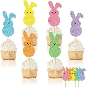 48 Pcs Easter Cupcake Topper Glitter Bunny Cupcake Picks Colorful Rabbit Food Picks for Spring Birthday Cake Decoration Supplies