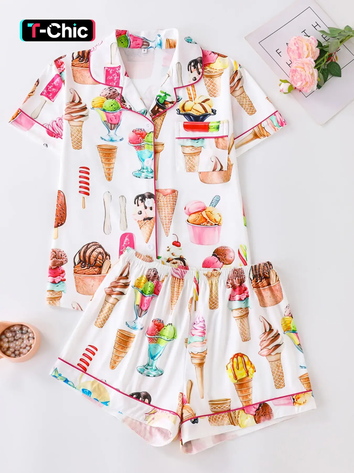Women's Ice Cream Print Short Sleeve Shirt & Shorts Pyjamas Two-piece Set, Comfy Soft Homewear, Ladies Sleepwear, Pajamas Sleepwear, Pajama Lounge Sets, Loungewear, Pj Set