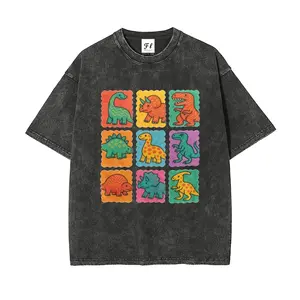 Cute Retro Colorful Dinosaur Grid Illustration Heavyweight Boxy Fit T-Shirt - Vintage Washed Oversized - Pure Graphic Tee - Kidcore Aesthetic Top