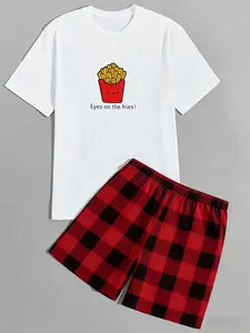 "Eyes on the Fries!" Graphic Pajama Set, Cute French Fries Print Tee & Red Plaid Shorts Loungewear Set, Casual Sleepwear for Home Relaxation, Comfy Nightwear for Lazy Days & Cozy Nights, Trendy Foodie Pajama Set