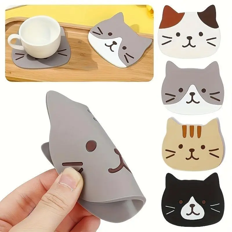 5-Pack Classic Square Cartoon Cat Silicone Coasters, Heat Resistant Indoor Coffee Placemats & Coasters, Kitchen Tools for Beverages & Home Decoration