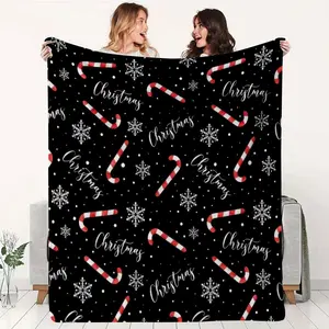 1Pc Plush Coral Christmas Blanket - Heavy-Duty Thick Winter Warmth With Black Red White Golden Candy Cane & Snowflake Pattern, Soft Sofa Bed Throw, All-Season Cozy Bedspread For Holiday Decor, Gift (Red/Green/Black)