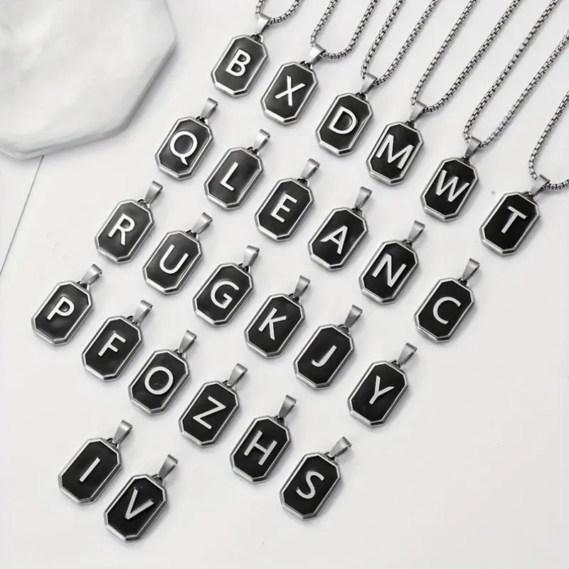 Unisex Initial Necklace A-Z, Square Capital Letter Charms in Black and Silver, Made of Stainless Steel, 24 Inch Chain, Ideal as a Gift or Jewelry Piece Unisex Initial Necklace A-Z, Square Capital Letter Charms in Black and Silver, Made of Stainless Steel, 24 Inch Chain, Ideal as a Gift or Jewelry Piece