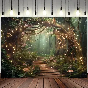 1pc Magic Forest Scene Tapestry with Twinkling Lights - Vibrant Photography Backdrop and Event Decoration, Perfect for Parties, Weddings, Creative Photo Shoots, and Forest Decor
