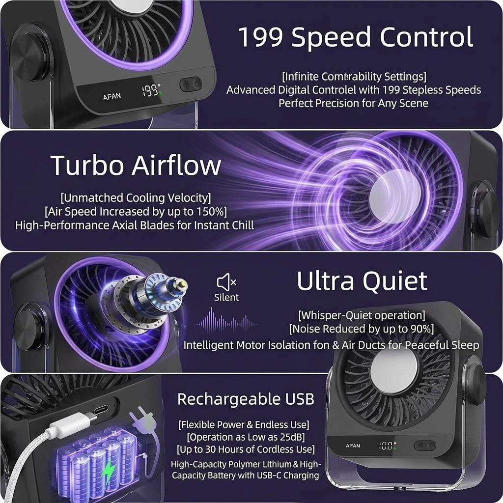 Fan That Blows Cold Air Portable – Rechargeable Turbo Table Fan with Ice Cooling Plate, Quiet Fan for Bedroom Travel Office usb