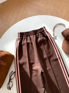 A women's burgundy high-waisted Elastic waist-adjustable loose-fit straight-leg casual sporty pants, suitable for summer, ideal for daily outings and home wear