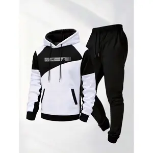 Men's Color Block Patchwork Hoodie & Pants Set, Streetwear Casual Sports 2-Piece