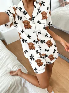 Women's Short Sleeve Shorts Cardigan Pajama Set, Highland Cow Bowknot Print, Casual Loose Fit Homewear Loungewear, Comfortable All Seasons