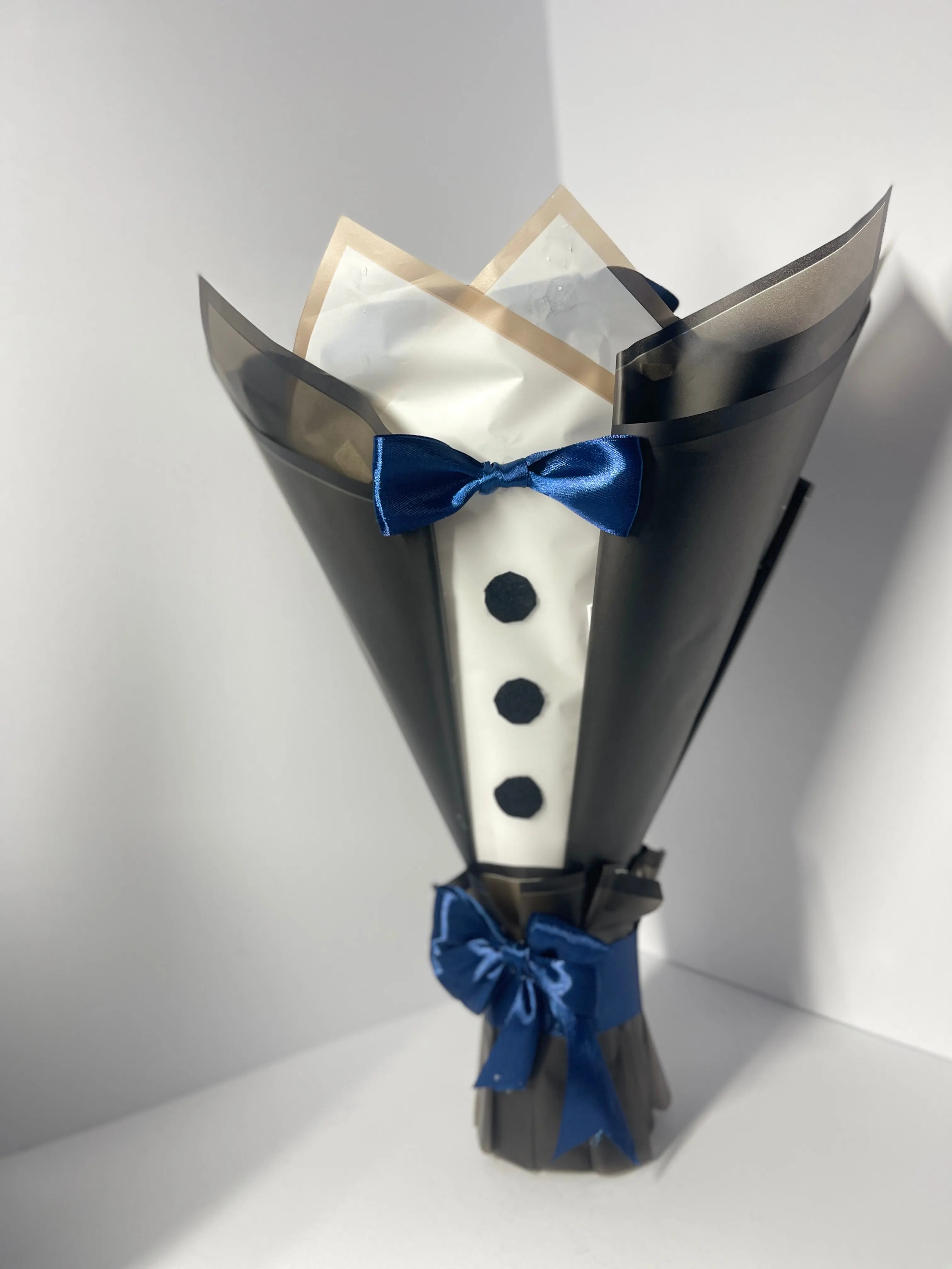 Handcrafted Satin Ribbon Rose Flower Bouquet - Elegant Tuxedo Design with Blue Bow Tie, Festive Home Decor Gift