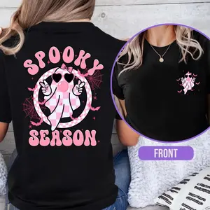 Retro Checkered Spooky Season T-shirt, Groovy Ghost Halloween Shirt, Cute Boo Shirt, Spooky Vibes Sweater Tee, Pink Ghost Halloween