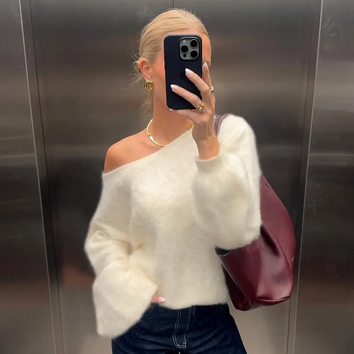 Women's Solid Color Fuzzy Knit Long Sleeve Sweater with Wide Neckline 2025 Fall & Winter New Style Loose Fit Elegant Casual Sexy Street Wear Dates Club Outer Wear Blouse summerwins