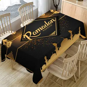1 Pc Ramadan Tablecloth, Ramadan Theme Tablecloth, Eid al-Fitr Golden Lantern Vintage Pattern Washable Table Cover Holiday Kitchen Dining Table Decor For Home Party Decor, Party Decoration Supplies