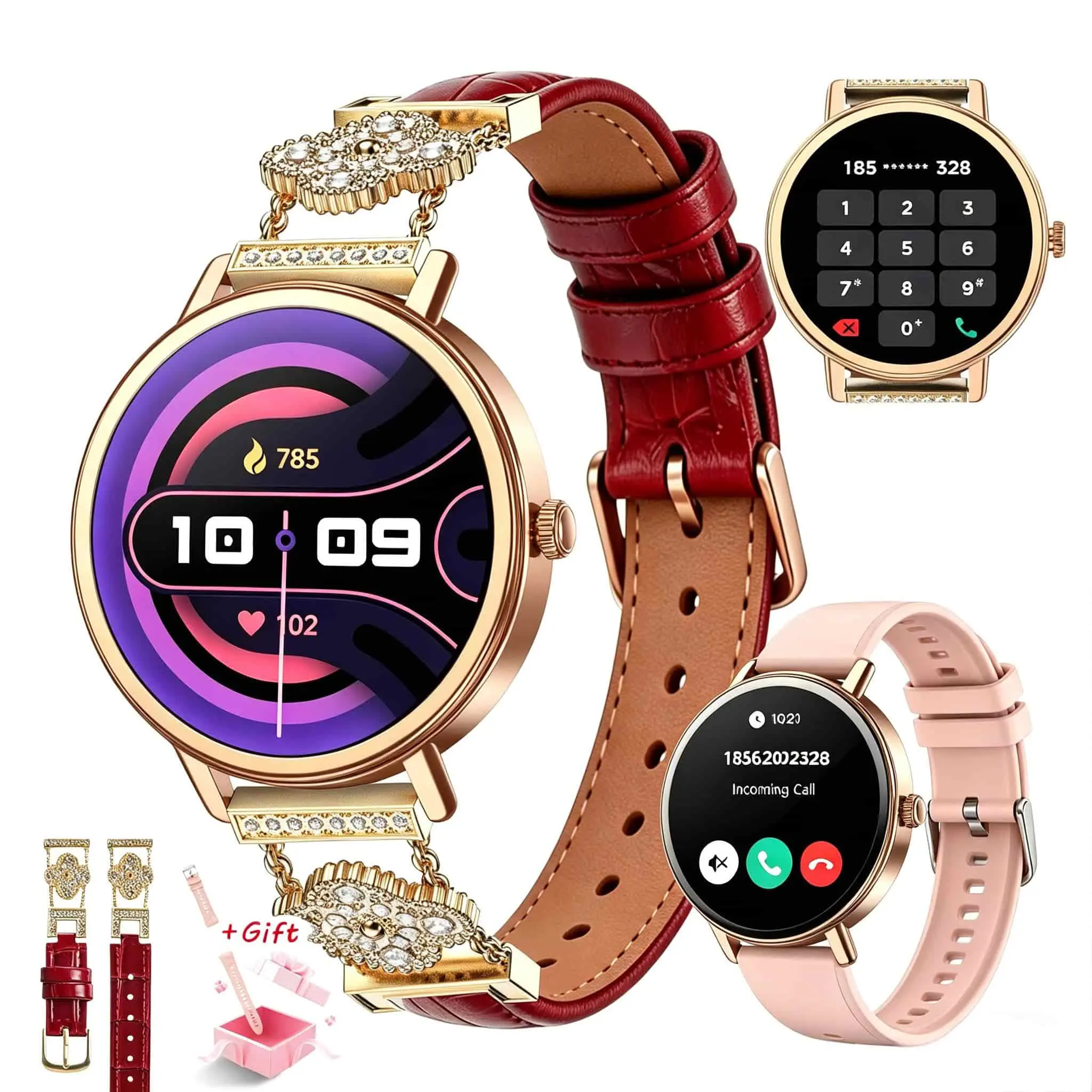 Women's Smartwatch with Bluetooth Calls, Fitness Tracker, Heart Rate & Sleep Monitor, Step Counter, 100+ Sports Modes, Custom Watch Faces, Waterproof, Elegant Design, Compatible with iPhone & Android, Ideal Gift for Her, Wristwatch, Wearable, Silicone